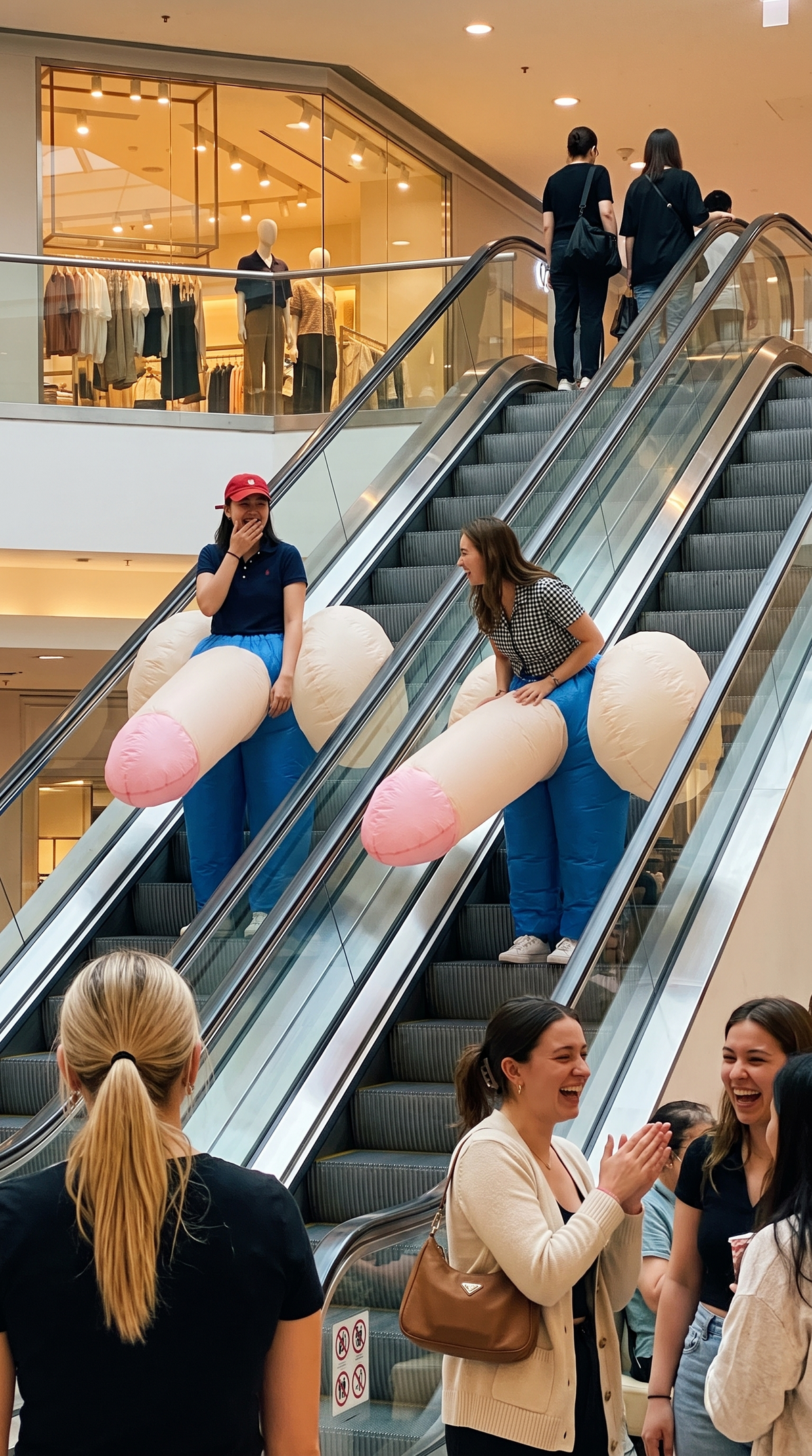 Two women in InflataWilly costumes riding mall escalators