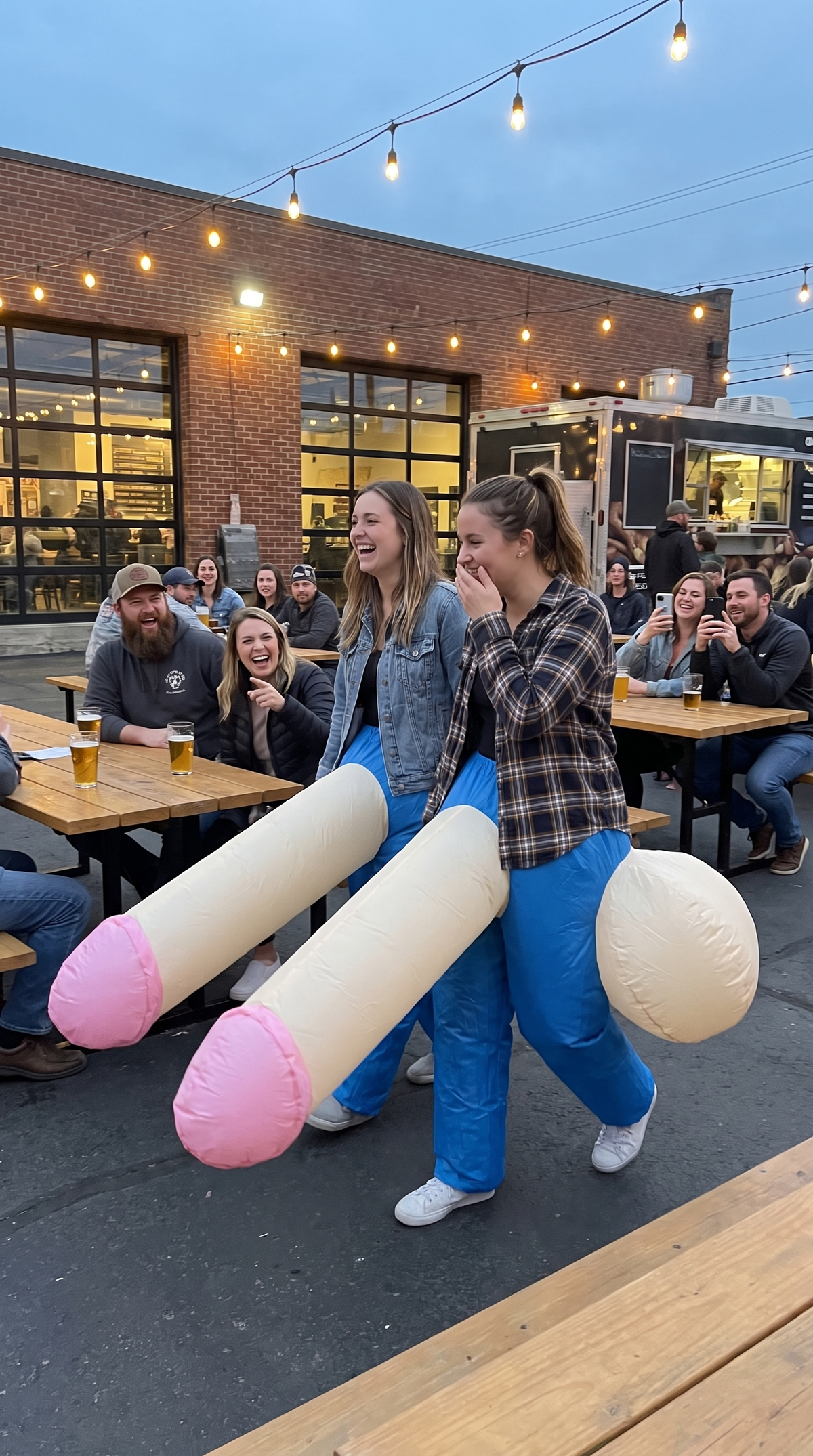 Two women in InflataWilly costumes in a beer garden