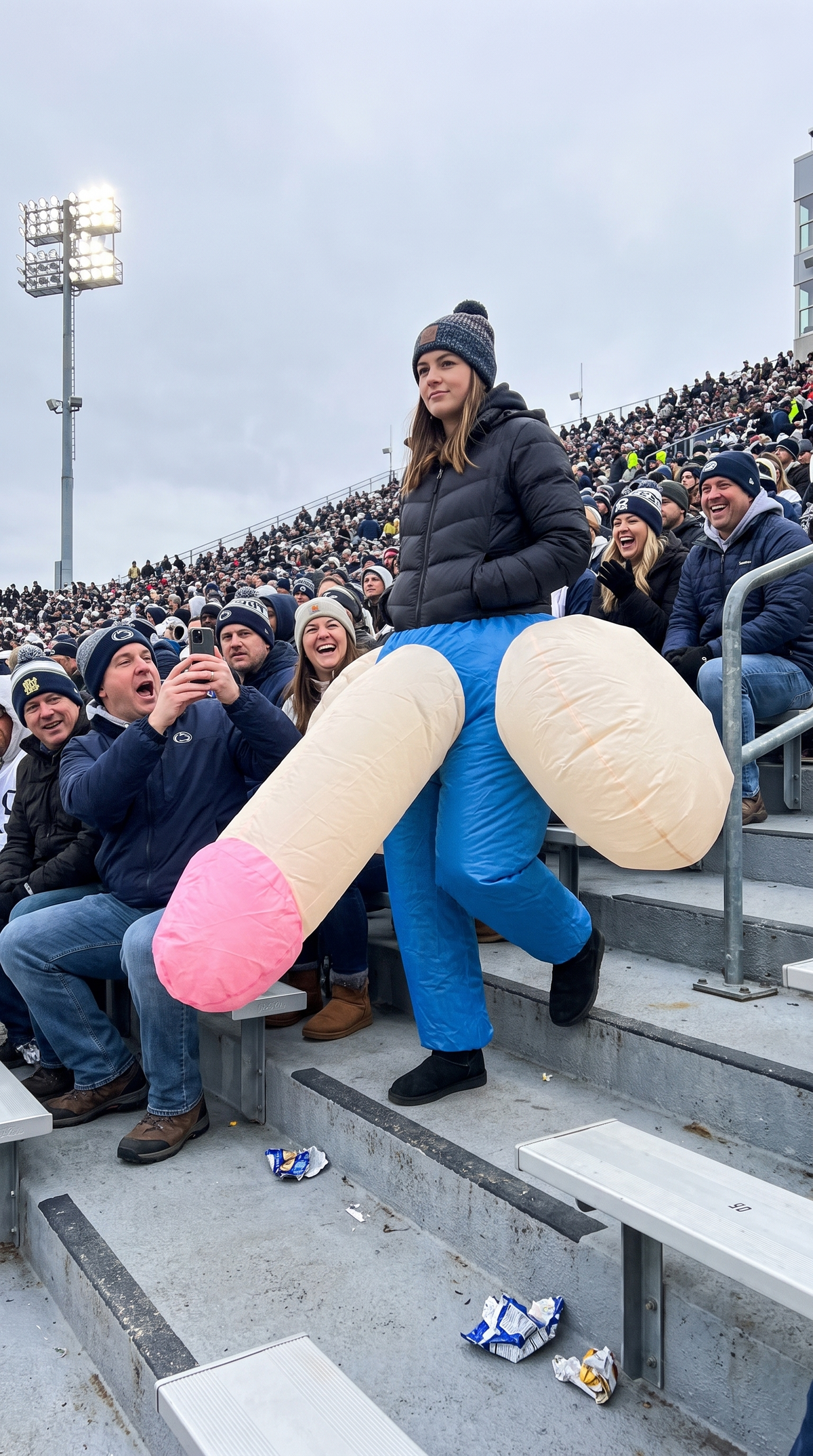 Woman in an InflataWilly costume on stadium stairs