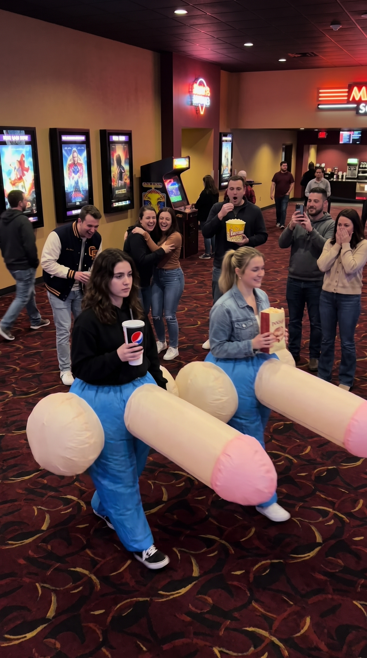 Two women in InflataWilly costumes in a movie theater lobby