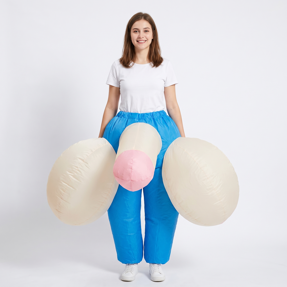 InflataWilly inflatable costume, front view on white background